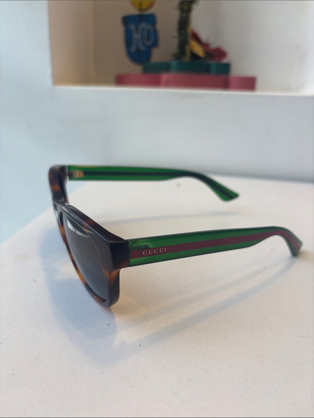 Gucci Tortoiseshell Frame Sunglasses with Green and Red Stripes